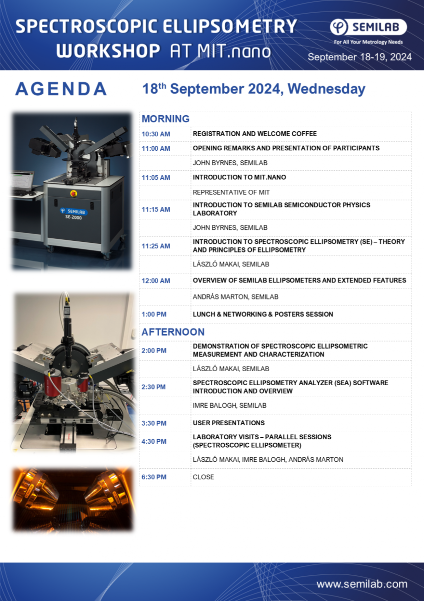 Agenda of Spectroscopic Ellipsometry Workshop at MIT.nano - Sept 18, 2024