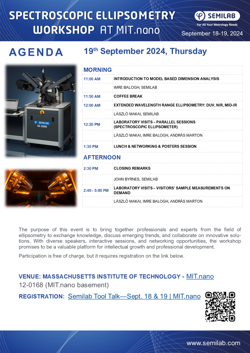 Agenda of Spectroscopic Ellipsometry Workshop at MIT.nano - Sept 19, 2024